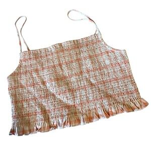Edie Smocked Crop Cami Top Women's L Apricot Plaid‎ Ruffle Hem Adjustable NWT